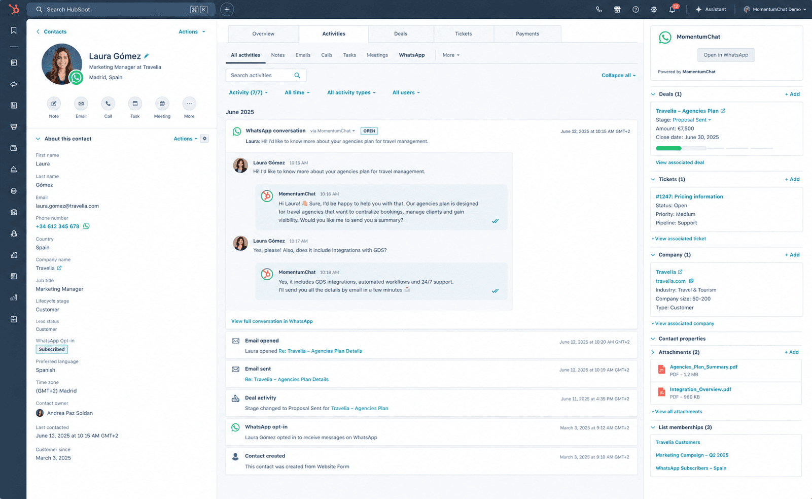WhatsApp messages in HubSpot contact timeline