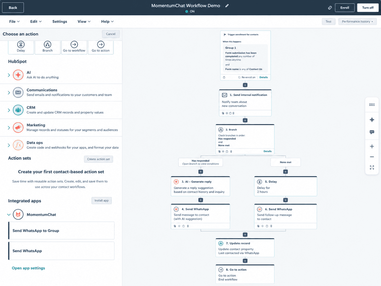 MomentumChat Send WhatsApp action inside HubSpot workflow editor